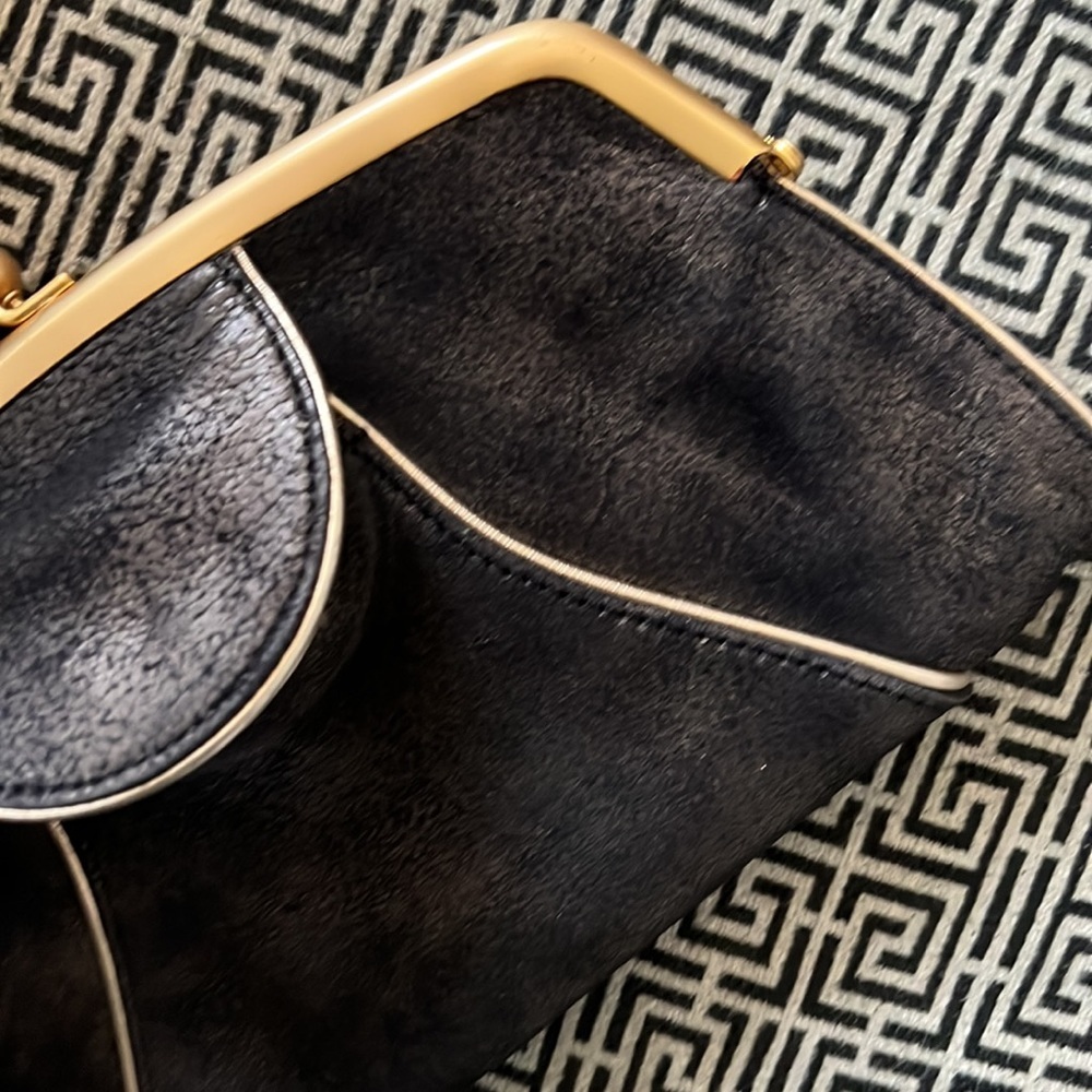 Kenneth Gene Black Suede Leather Kiss Lock Clutch Bag Silver Metallic Interior - Picture 6 of 7